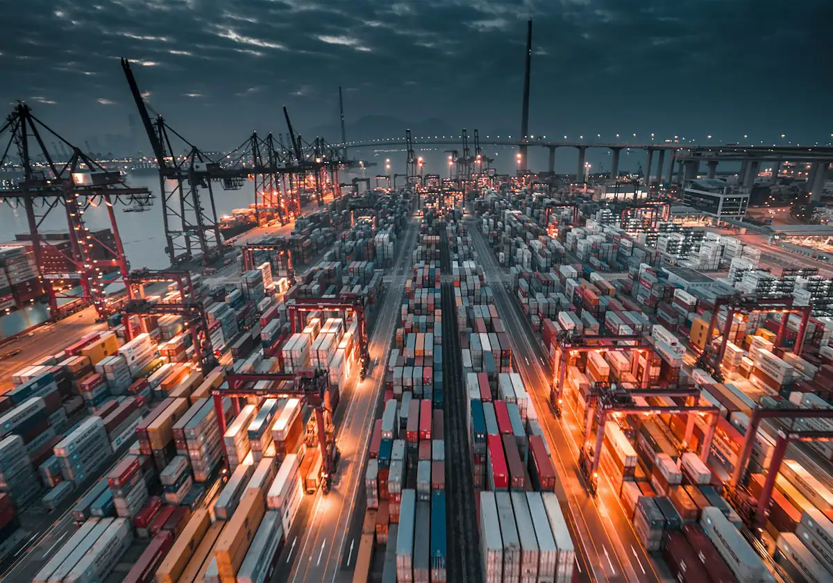 Container port lit up at night